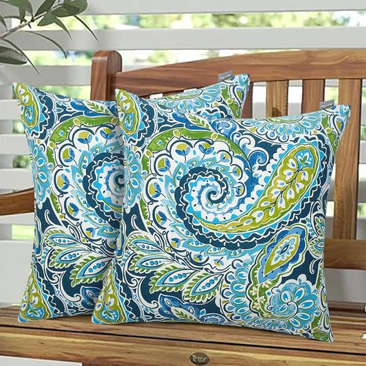 Magpie Fabrcis Pack of 2 Outdoor Waterproof Throw Pillow with Insert 18 x 18 Inch, Christmas Decorative Back Cushion Pad for Garden Patio Tent Balcony Couch Sofa(Paisley Lapis Green)