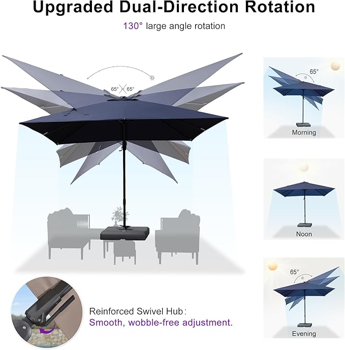 PURPLE LEAF 8' X 8' Swivel Outdoor Patio Aluminum Umbrella with Base Left-right Tilting Cantilever Offset Umbrella with UV Resistant Heavy Duty Fabric for Deck Pool Patio Backyard, Ocean Slate