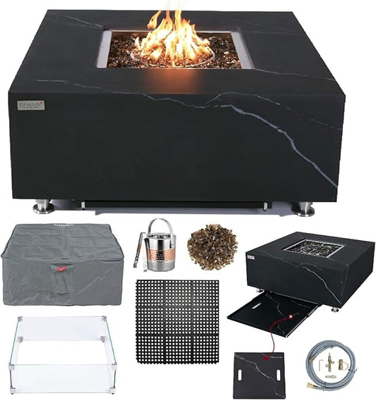 Elementi+ | Bundle Sofia Gas Fire Pit | Marble Porcelain & Metal Frame | 40" Square Fire Table | Electronic Ignition | Canvas Cover, Fire Glass & Burner Lid Included | Black | Natural Gas