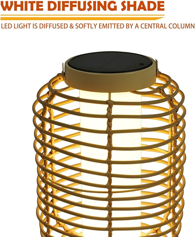 Solar Yard Outdoor Austin Solar Powered Floor Lamp Set of 4, 14-inch Wicker Woven LED Lamp, Water-Resistant Garden Light, Boho Style, Decor for Balcony, Porch, Yard, Pathway, Natural Color