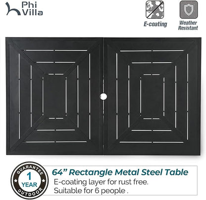 PHI VILLA 7 Piece Outdoor Dining Set for 6, 64" Metal Steel Dining Table with Umbrella Hole & Black Stacking Dining Chairs for Patio, Yard, Porch, Deck