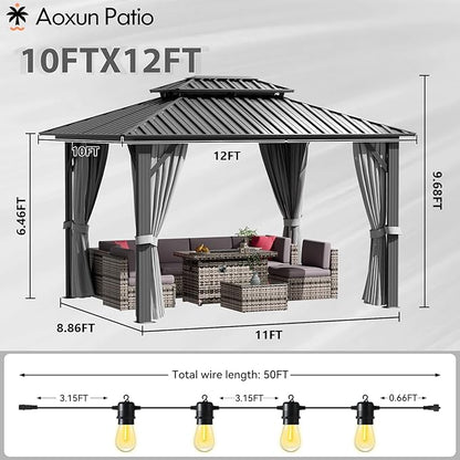 Aoxun 10'x12' Hardtop Gazebo Featuring Aluminum Frame & Double Galvanized Steel Roof, Outdoor Metal Shelter with Netting, Plus LED Waterproof Hanging Lights