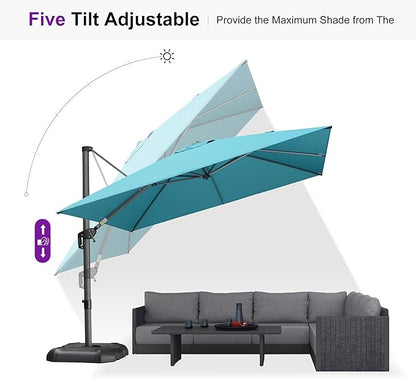 PURPLE LEAF Patio Umbrella with Base 10 Feet Outdoor Cantilever Square Umbrella Aluminum Offset Umbrella with 360-degree Rotation for Garden Deck Pool Patio, Turquoise Blue