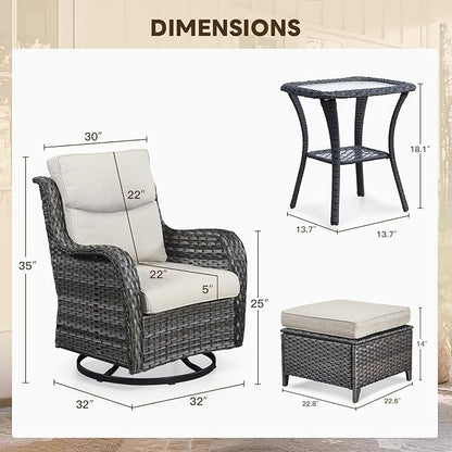 Patio Conversation Set with Smile-Shaped Cushions, Luxury Outdoor Swivel Chairs with Side Table and Ottomans, 5PCS PE Rattan Swivel Glider Chairs Set, Brown Wicker|Beige Cushions