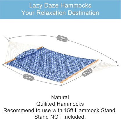 Lazy Daze Hammocks 12FT Quilted Fabric Hammock with Soft Pillow, Double 2 Person Tree Hammock with Spreader Bar for Outdoor Patio Backyard Poolside, 450lbs Weight Capacity, Blue Floral