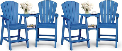 Ciokea Tall Adirondack Chairs Set of 4, HDPE Outdoor Adirondack Bar Stools with Double Connecting Tray, Weather Resistant High Back Adirondack Balcony Chairs for Deck, Lawn, Pool, Backyard, Navy Blue