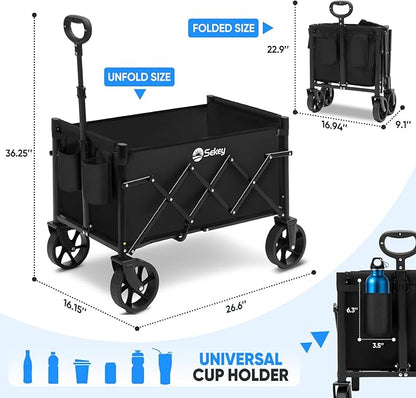Sekey Heavy Duty Wagon with Big Wheels, Foldable Cart with 220LBS Capacity, Utility Lightweight Wagon, Collapsible Grocery Shopping Cart for Camping Sports & Holiday. Black