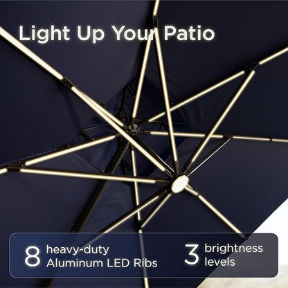 10x10 FT Cantilever Patio Umbrella with Led Lights Double Top Outdoor Square Heavy Duty Offset Umbrellas 360°Rotation Free-motion Track Tilt Windproof for Pool Deck Garden, Navy