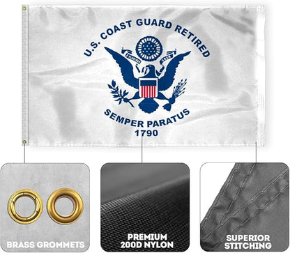 AGAS US Coast Guard Retired Military Flag 2x3 Ft - Printed 200 Denier Nylon - Double Stitched Edges Canvas Header Brass Grommets - Indoor/Outdoor USCG Retired Garden Flag