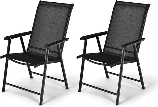 S AFSTAR Patio Chairs Set of 2, Outdoor Foldable Sling Chairs with Armrests, Folding Outdoor Chairs for Lawn Garden Backyard Poolside Porch (Black)