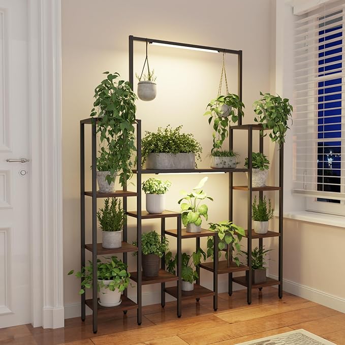 Plant Stand Indoor with Grow Light-14 Tiered Metal Plant Stand, 61.5" Tall Metal Plant Shelf for Multiple Plants, Large Plant Rack with Grow Lights, Sturdy Corner Flower Holder for Living Room Decor