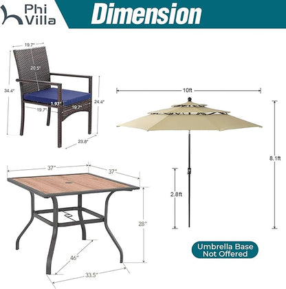 PHI VILLA 5 Piece Outdoor Dining Set with Umbrella for 4, 37" Square Metal Wood-top Dining Table & Wicker Rattan Chairs with Cushions & 10ft Beige Umbrella for Patio, Deck, Backyard, Porch