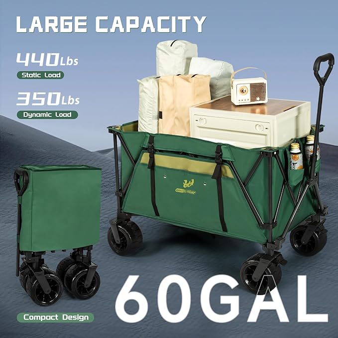 Whitsunday Folding Collapsible Wagon,440Lbs Heavy Duty Foldable Utility Camping Wagon Cart with Table and All Terrian Wheel for Beach,Outdoor Green