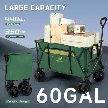 Whitsunday Folding Collapsible Wagon,440Lbs Heavy Duty Foldable Utility Camping Wagon Cart with Table and All Terrian Wheel for Beach,Outdoor Green