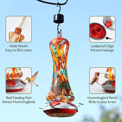 Glass Hummingbird Feeder for Outdoors: Orange Window Hanging Hummingbirds Presents for Women - Ant Moat Included, Metal Base with 4 Feeding Ports & Perch, Leak Proof, 38 fl.oz, Best Garden Decor
