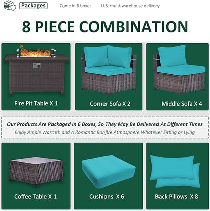 Outdoor Patio Furniture Set with Propane Fire Pit Table, 8 Pcs Outdoor Furniture Patio Sectional Sofas Conversation Sets w/ETL Approved 43" Gas Outdoor Fire Table & Coffee Table Turquoise