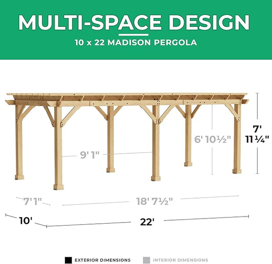 Yardistry 10 x 22 Meridian Cedar Wood Pergola for Patios, Decks, Garden, Backyard, Durable