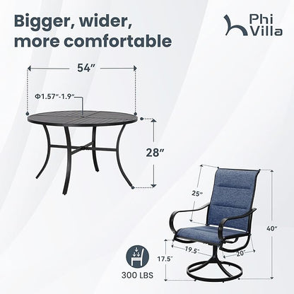 PHI VILLA 7 Piece Outdoor Patio Dining Set with 6 Padded Swivel Dining Chairs & 1 Large Round Dining Table, All Weather Dining Furniture Set for Lawn Garden (Blue)