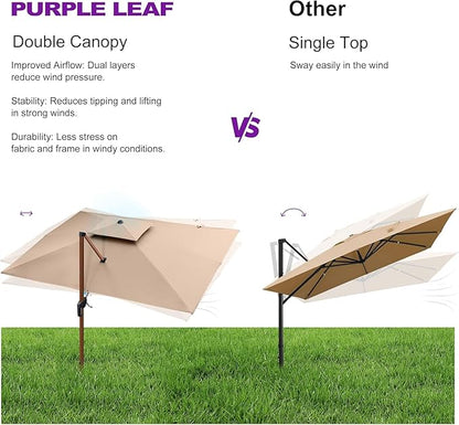 PURPLE LEAF 11' X 11' Patio Umbrella Cantilever Outdoor Umbrellas Square Large Parasol Windproof Sunshade Heavy Duty Sun Umbrellas for Deck Pool Patio Garden, Beige