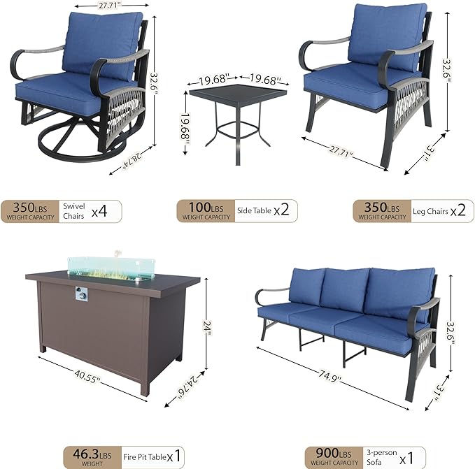 10 Pieces Modern Patio Furniture Set, All Weather Metal Outdoor Conversation Sets with Fire Pit Table for Backyard Garden Deck Porch Poolside, Blue