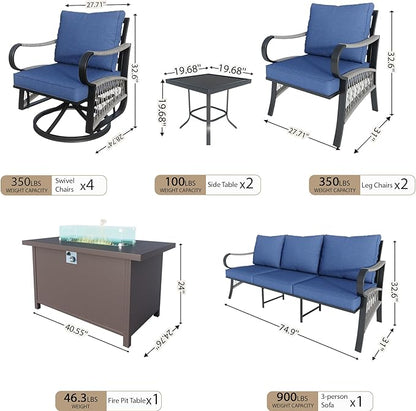 10 Pieces Modern Patio Furniture Set, All Weather Metal Outdoor Conversation Sets with Fire Pit Table for Backyard Garden Deck Porch Poolside, Blue