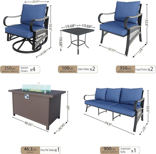 10 Pieces Modern Patio Furniture Set, All Weather Metal Outdoor Conversation Sets with Fire Pit Table for Backyard Garden Deck Porch Poolside, Blue