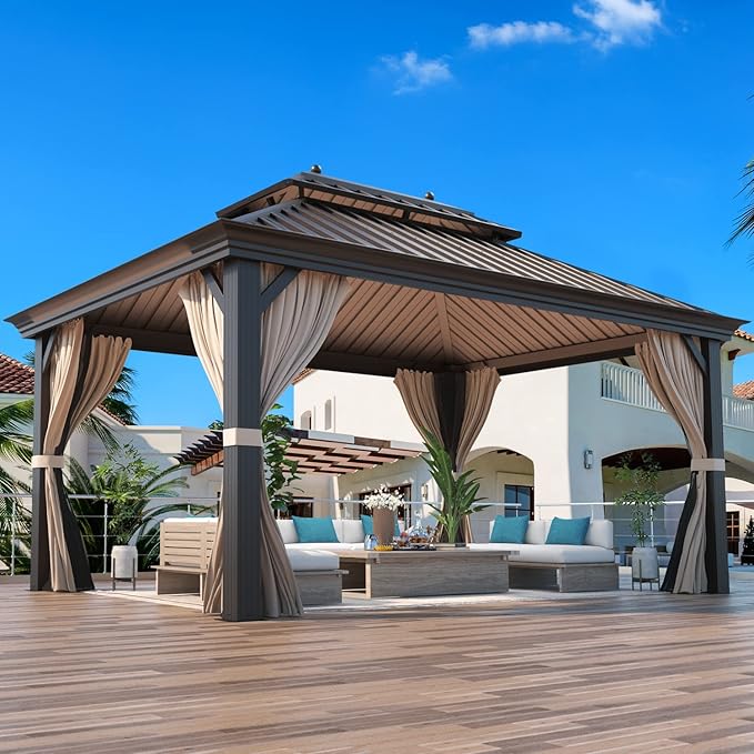 MELLCOM 12'x16' Hardtop Gazebo, Galvanized Steel Double Roof Canopy with Aluminum Frame, Permanent Metal Pavilion Gazebos with Netting and Curtains for Patio, Gardens and Lawns