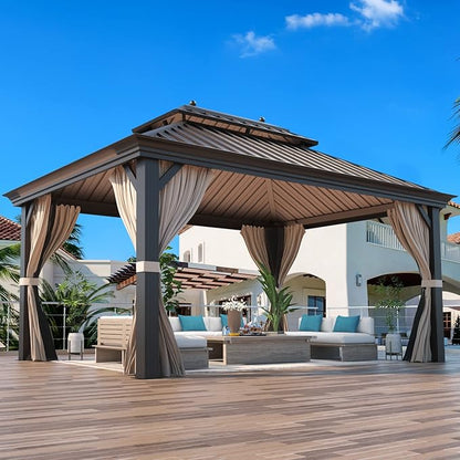 MELLCOM 12'x16' Hardtop Gazebo, Galvanized Steel Double Roof Canopy with Aluminum Frame, Permanent Metal Pavilion Gazebos with Netting and Curtains for Patio, Gardens and Lawns