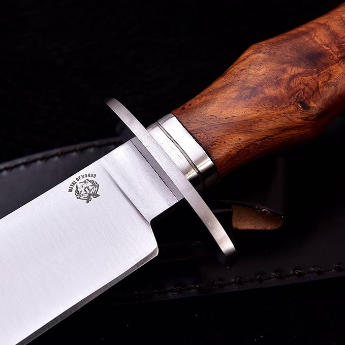 METAL OF HONOR Bowie Knife D2 Fixed Blade Hunting Knife with Leather Sheath for Camping, Hiking, Survival 15 inch bushcraft knife with Solid Engineered Wood Handle (wood)