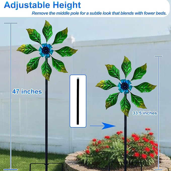 Glow-in-Dark Metal Wind Spinner for Yard and Garden, Outdoor Luminous Wind Spinners Yard Art Garden Decor (13.4" W x 47" H) Blue