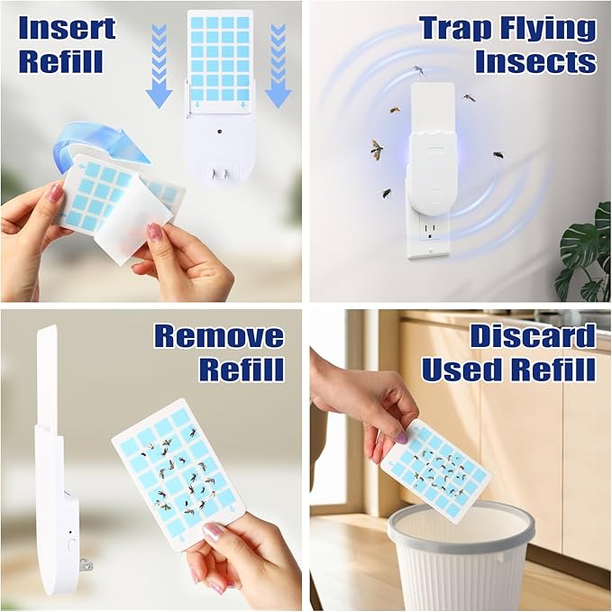Flying Insect Trap, Fruit Fly Traps for Indoors,Plug-in Bug Trap Bug Light Trap Indoor for Mosquito, Fruit Flies, Moths, Gnats, Flies (1 Devices + 5 Refills)