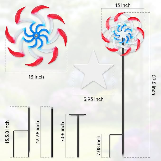 Wind Spinners Outdoor Metal with Patriotic, American Flag Pinwheel Decorations with Metal Stake, Yard Art Decor for Patio, Lawn & Garden, Creative Gifts 57.5 * 13 Inch
