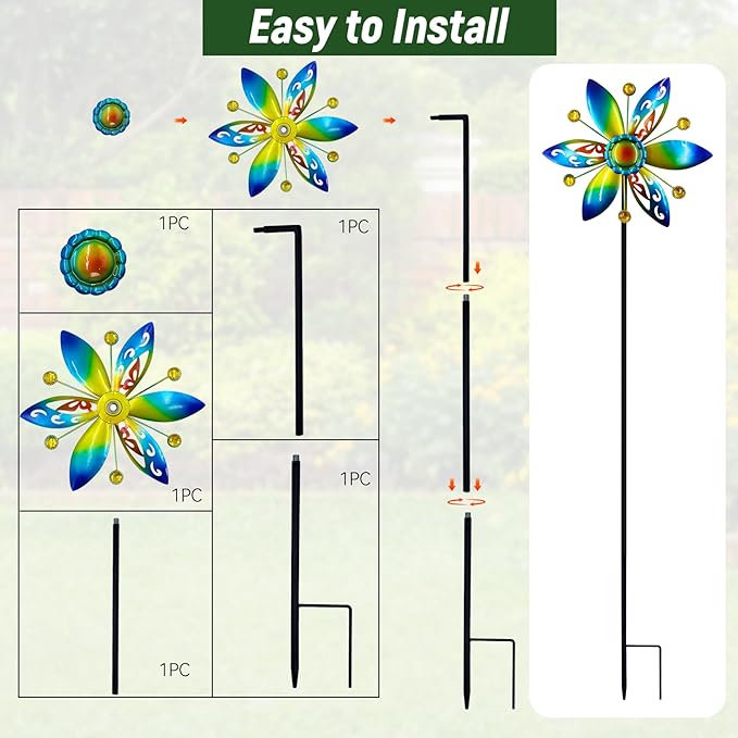 Small Wind Spinner for Outdoor, Kinetic Wind Spinner & Sculpture with Butterfly Cutout Blades & Yellow Acrylic Beads, Decorative Windmill Metal Yard Art for Patio, Lawn & Flower Bed