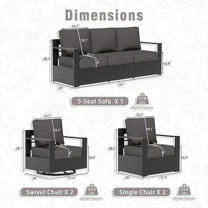 5 PCS Aluminum Patio Conversation Set - 3-Seater Sofa, 2 360° Swivel Chair, 2 Fixed Chair with 6" Thick Water-insistant Cushions, All-Weather Use Removable Cover, Ideal for Garden, Poolside (Grey)