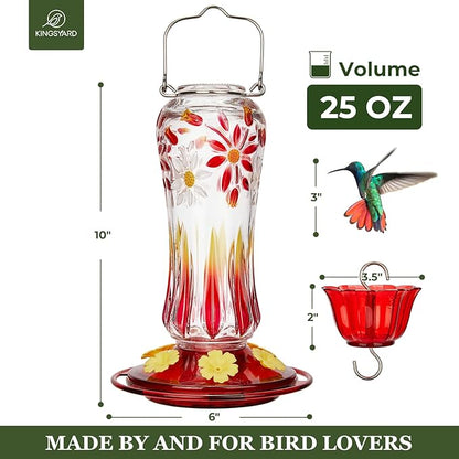 Kingsyard Hummingbird Feeder for Outdoors Hanging, 25 Ounces, Glass Humming Bird Nectar Feeder with Ant Moat & 6 Feeding Ports, Leak Proof, Red