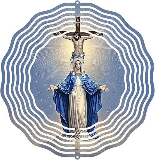 Religious Cross Jesus Wind Spinner, Metal Wind Spinners Outdoor Indoor, Virgin Mary Garden Decor for Outside, Stainless Wind Spinners for Yard and Garden 10 inch 3D (25.76X25 CM)