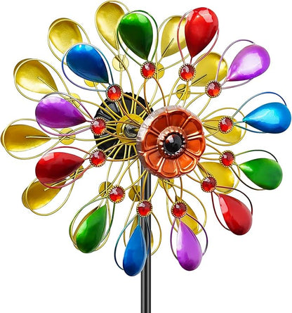 64 inch Garden Wind Spinner, Outdoor Wind Sculpture with 5 Prong Base Stand, Metal Windmill for Lawn Yard Outdoor Art Decorations (B-Colorful)