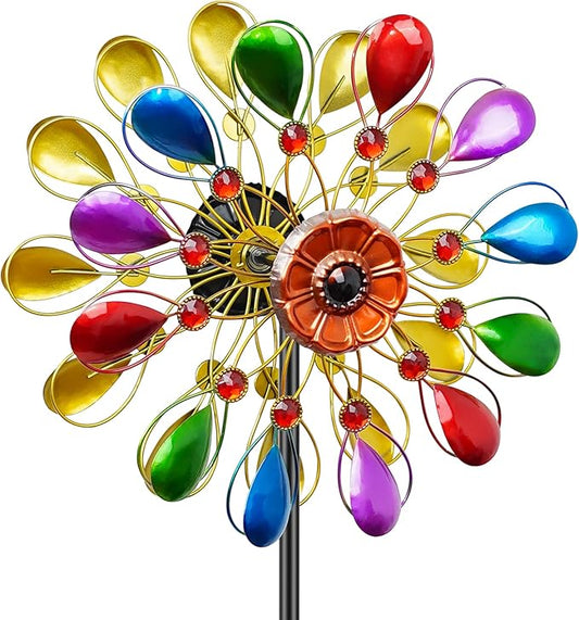 64 inch Garden Wind Spinner, Outdoor Wind Sculpture with 5 Prong Base Stand, Metal Windmill for Lawn Yard Outdoor Art Decorations (B-Colorful)