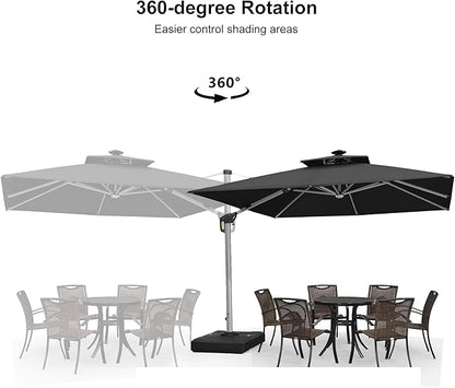 PURPLE LEAF 10 Feet Solar Powered LED Square Cantilever Umbrella With Base Patio Umbrellas Windproof Hanging Umbrella Outdoor Offset Umbrellas, Black