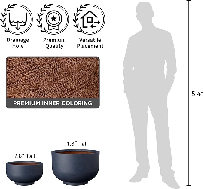 Kante 17.7 Inch Dia Concrete Bowl Planter, Large Tapered Bottom Plant Pot with Drainage, Smooth Charcoal Finish with Warm Brown Interior, Ideal for Porch, Home, Garden, Patio