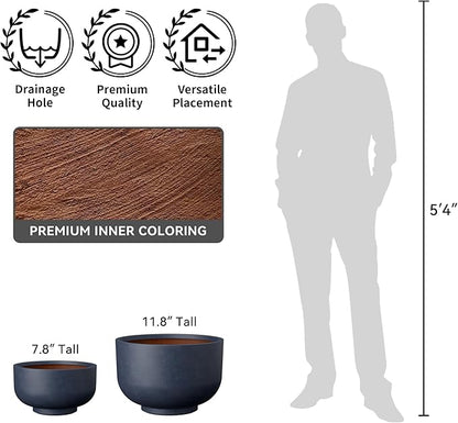 Kante 17.7 Inch Dia Concrete Bowl Planter, Large Tapered Bottom Plant Pot with Drainage, Smooth Charcoal Finish with Warm Brown Interior, Ideal for Porch, Home, Garden, Patio