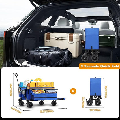 Beach Wagon with Big Wheels for Sand,260L Expandable Storage,Heavy Duty Foldable Beach Cart with 460lbs Capacity,Collapsible Utility Wagon with All-Terrain Wheels for Camping,Sports(Blue)