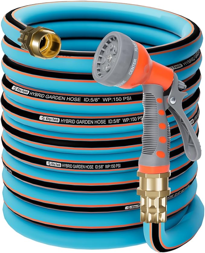 Flexible Garden Hose 50ft 5/8", New Upgraded Leak-Proof, Ultra-Durable, Kink Free Heavy Duty Water Hoses with Spray Nozzle-3/4''Solid Brass Fitting for All-Weather Outdoor, Yard, Car Wash