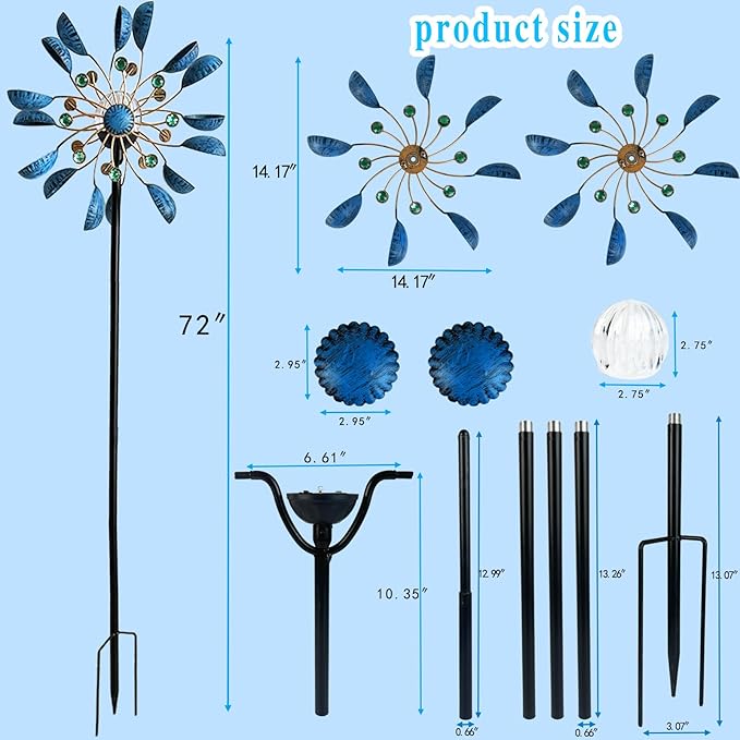 NUENUN Wind Spinner Outdoor Metal - Multi-Color Seasonal LED Lighting Solar Powered Glass Ball with Kinetic Wind Spinner Dual Direction for Patio Lawn & Garden (Blue with Light)