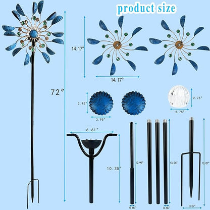 NUENUN Wind Spinner Outdoor Metal - Multi-Color Seasonal LED Lighting Solar Powered Glass Ball with Kinetic Wind Spinner Dual Direction for Patio Lawn & Garden (Blue with Light)