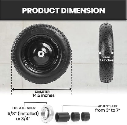 (2-PACK) 4.80/4.00-8" Flat Free Tire and Wheel - Universal Fit 14.5" Solid Wheelbarrow Tires with 3" Hub and 5/8" Bearings – Extra Adapter kit includes 3/4" Ball Bearings, 1" and 1/2" Nylon Spacers