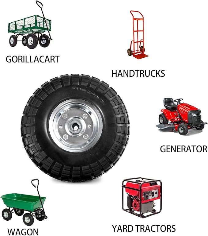 4.10/3.50-4 Tire Wheels Flat Free 10" Heavy Duty Solid Flat-Free Replacement Tire with 5/8 Axle Compatible with Gorilla Carts, Wheelbarrow, Dolly, Hand Truck (2-Pack)