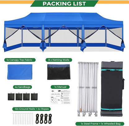 COBIZI 10x30 Heavy Duty Pop Up Canopy with 8 Mosquito Netting Wall, Easy Set Up Commercial Gazebo Party Tent, Outdoor Instant Screen Canopy for Backyard, Patio, Garden, Dark Blue