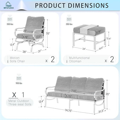 MFSTUDIO 5 Pieces Patio Conversation Sets,Outdoor Metal Furniture Sofas with 1 x 3-Seat Sofa, 2 x Rocking Chairs,2 x Ottoman,Wrought Iron Frame with Peacock Blue Cushion for Patio Courtyard Balcony