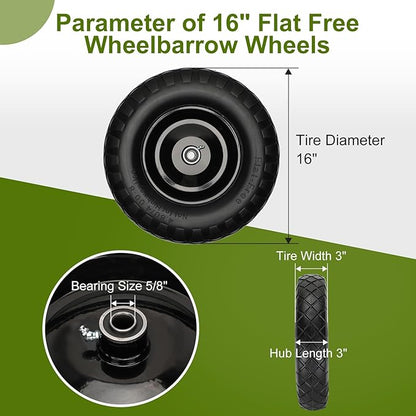 Upgraded 16" Flat Free Wheelbarrow Wheels and Tires, 4.80/4.00-8 Solid Wheelbarrow Tires with 5/8"&3/4" Bearings,14"-16" Universal Fit Wheelbarrow Wheels for Wheelbarrows/Garden Trailer